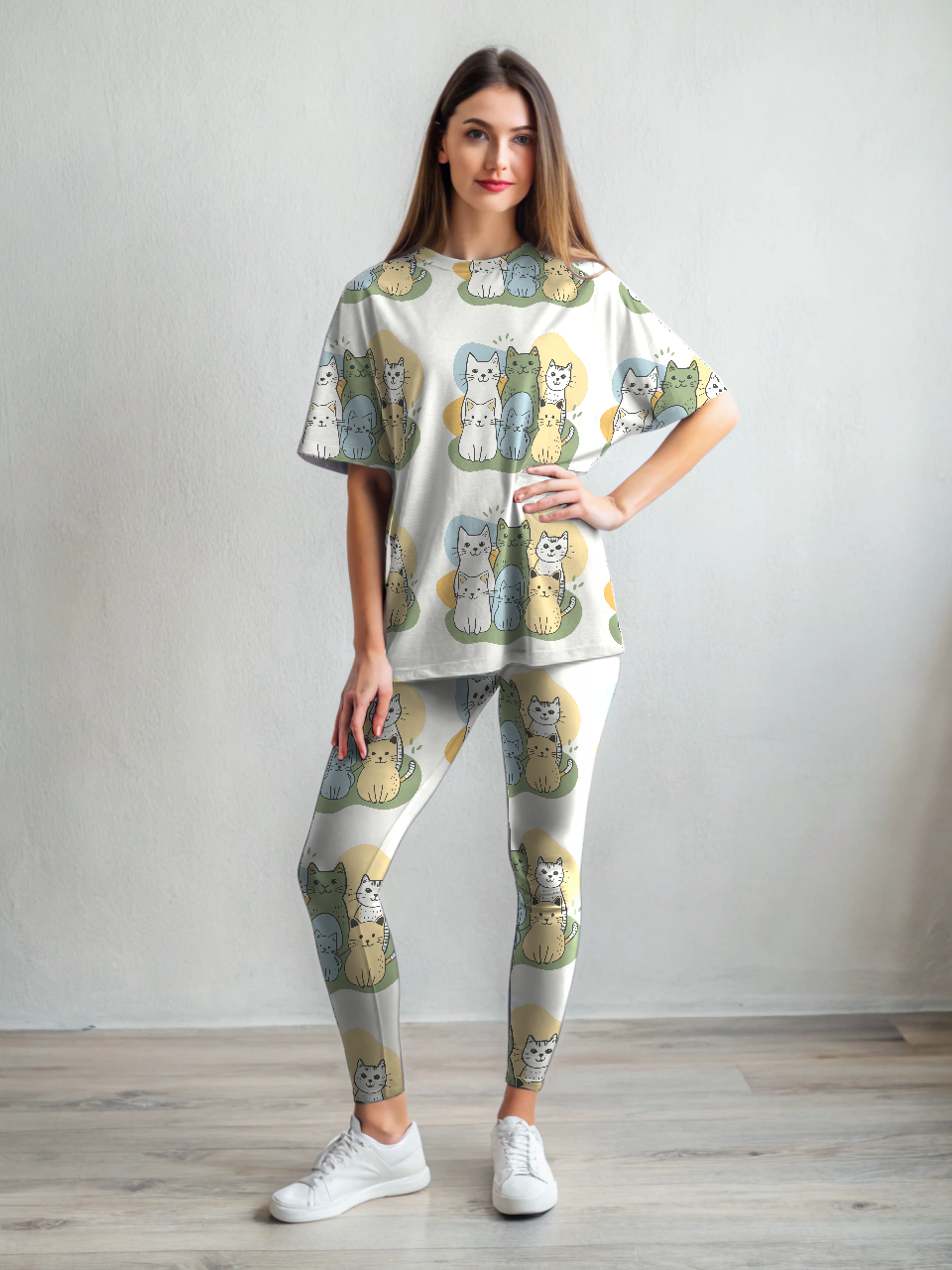 Adorable Cute Kittens Print Premium Oversized Tee With White Leggings Set