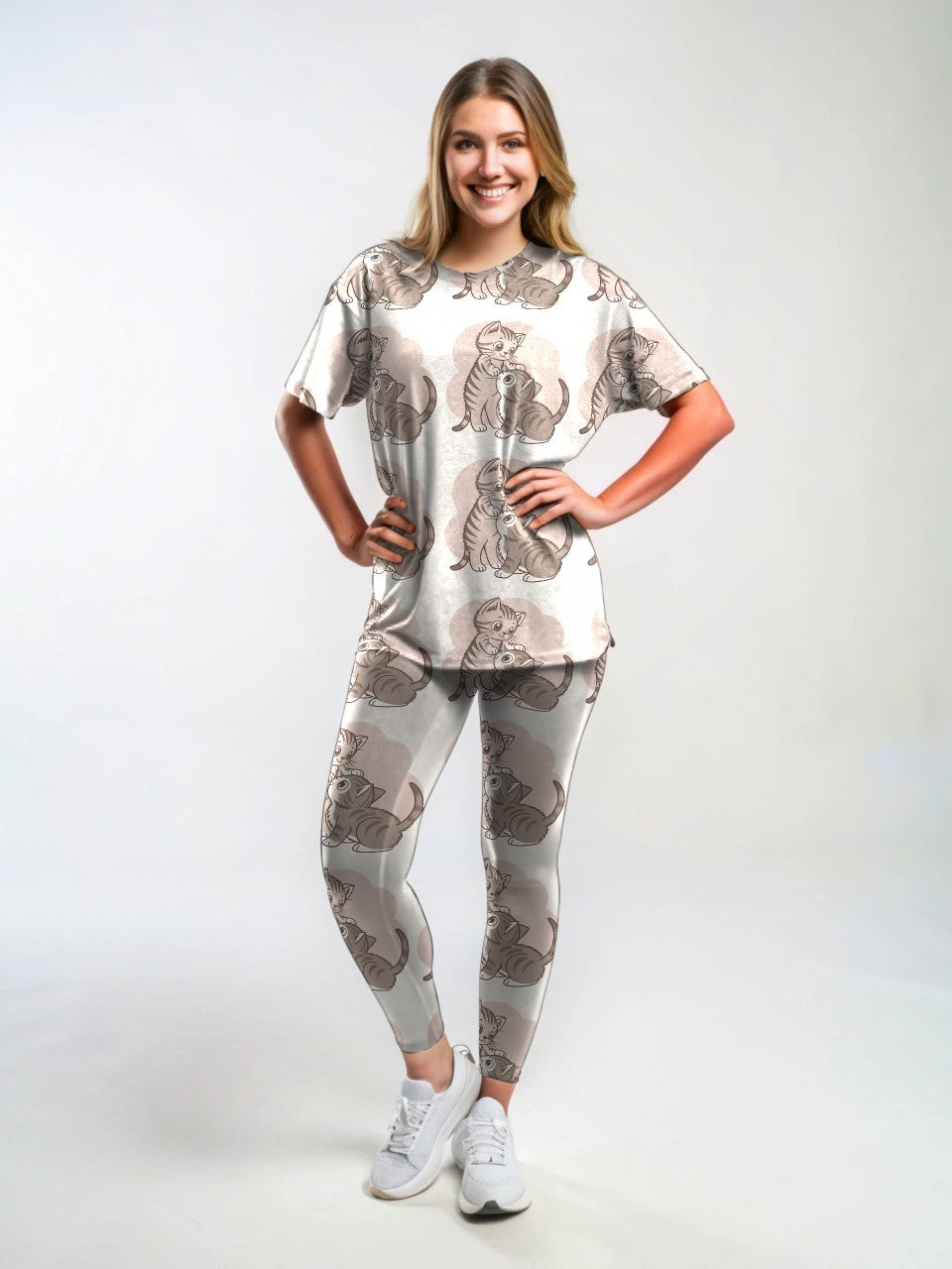 Charming Pastel Pink Kittens Print Premium Oversized Tee With Tummy Tuck Body Shaping Leggings Co-ord Set