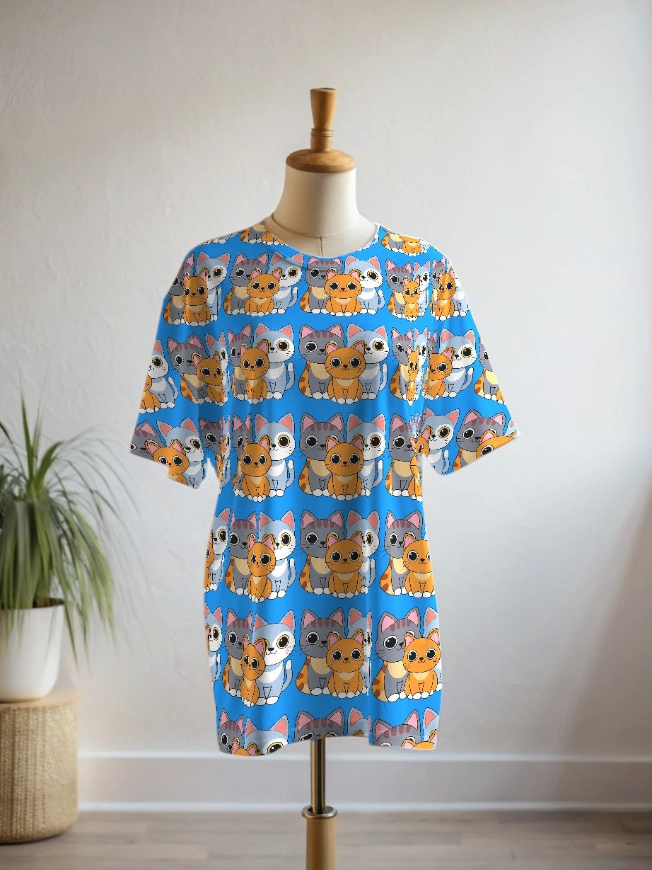 Premium Leisure Wear Cute Cats Print Oversized Tee With Tummy Tuck Body Shaping Leggings Co-ord Set