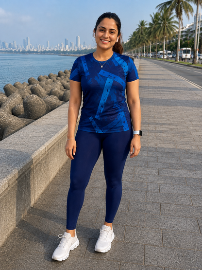 Sporty Geometric Print | Activewear Coord Set Tshirt With Tummy Tuck Blue Leggings | Multi Sport | Odour Free