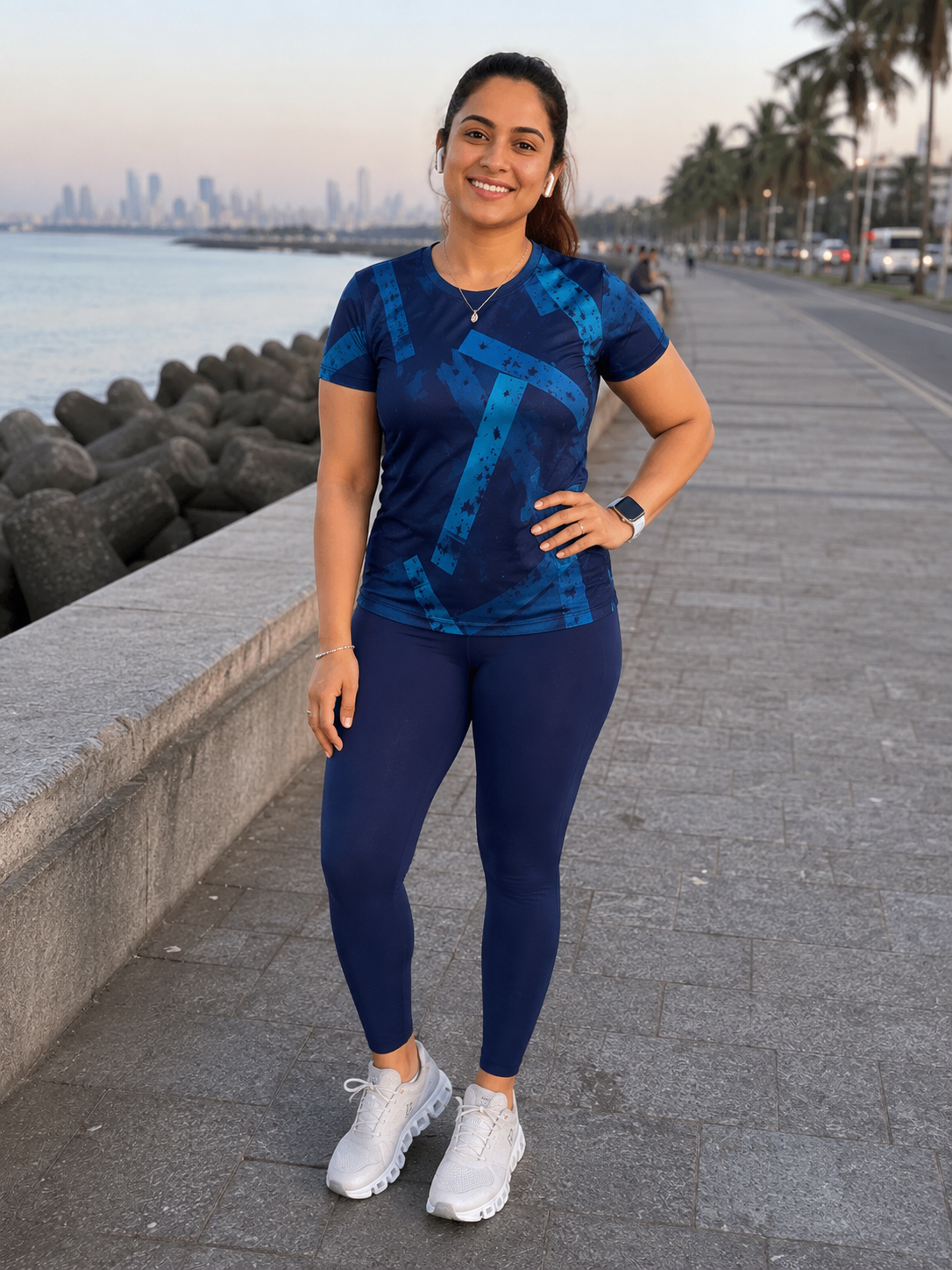 Sporty Geometric Print | Activewear Coord Set Tshirt With Tummy Tuck Blue Leggings | Multi Sport | Odour Free