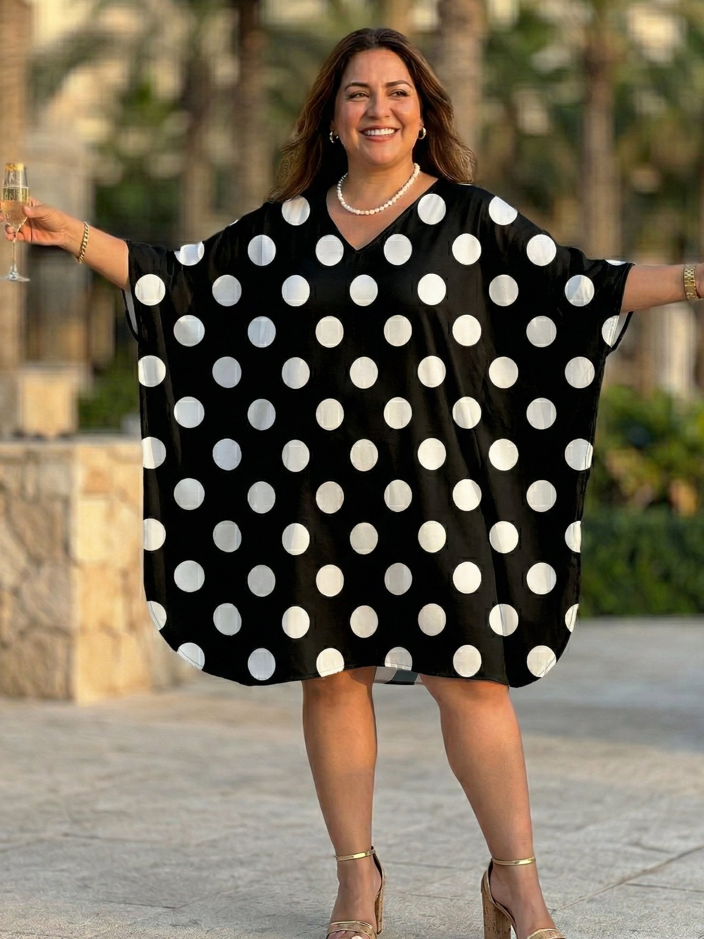 Classic Polka Dots Print Black Kaftan Dress