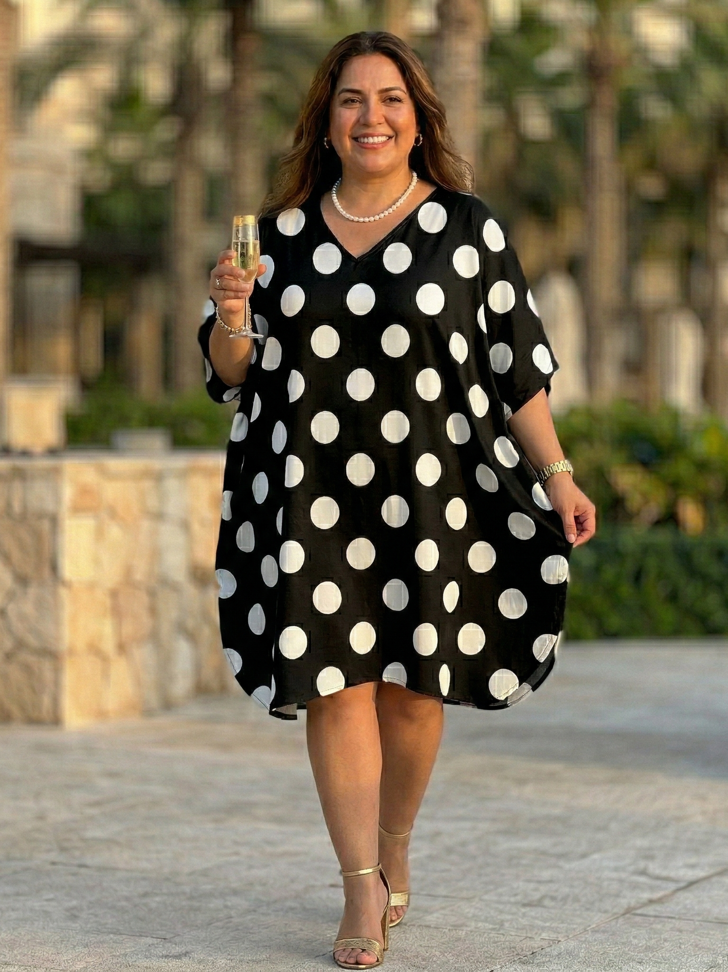Classic Polka Dots Print Black Kaftan Dress