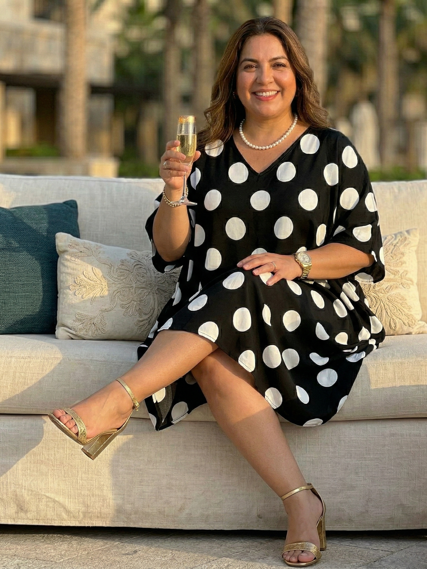 Classic Polka Dots Print Black Kaftan Dress