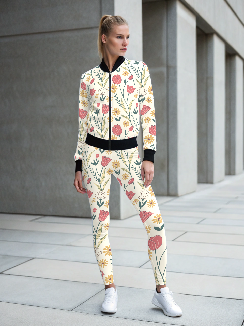 Evergreen Fresh Floral Print Bomber Jacket With Leggings White Co Ord Set