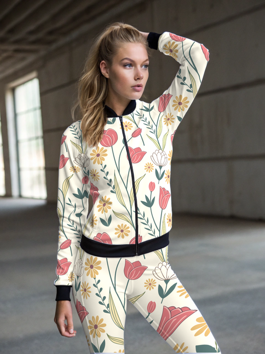 Evergreen Fresh Floral Print White Bomber Jacket