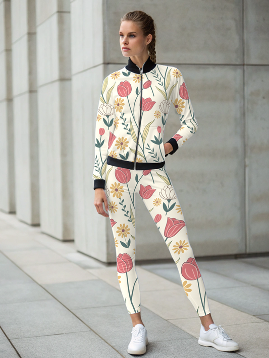 Evergreen Fresh Floral Print Bomber Jacket With Leggings White Co Ord Set