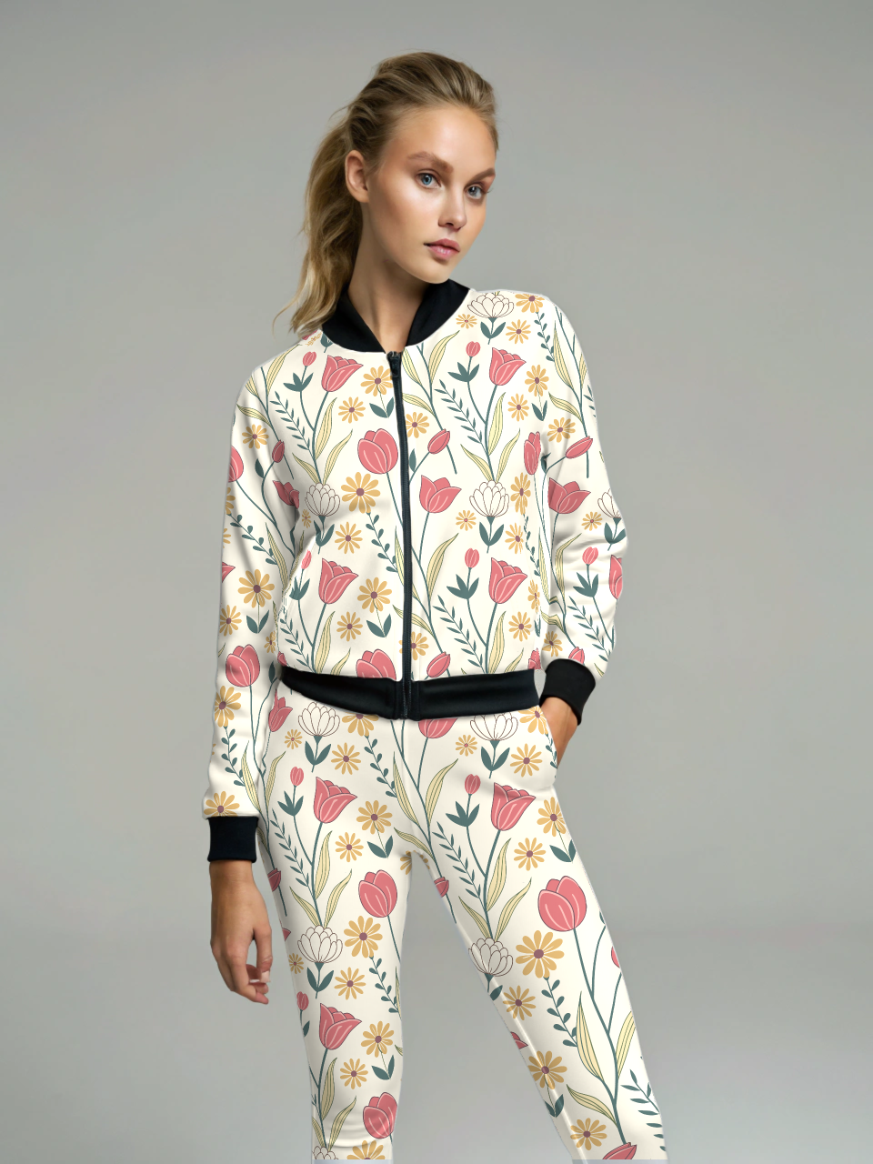 Evergreen Fresh Floral Print Bomber Jacket With Leggings White Co Ord Set