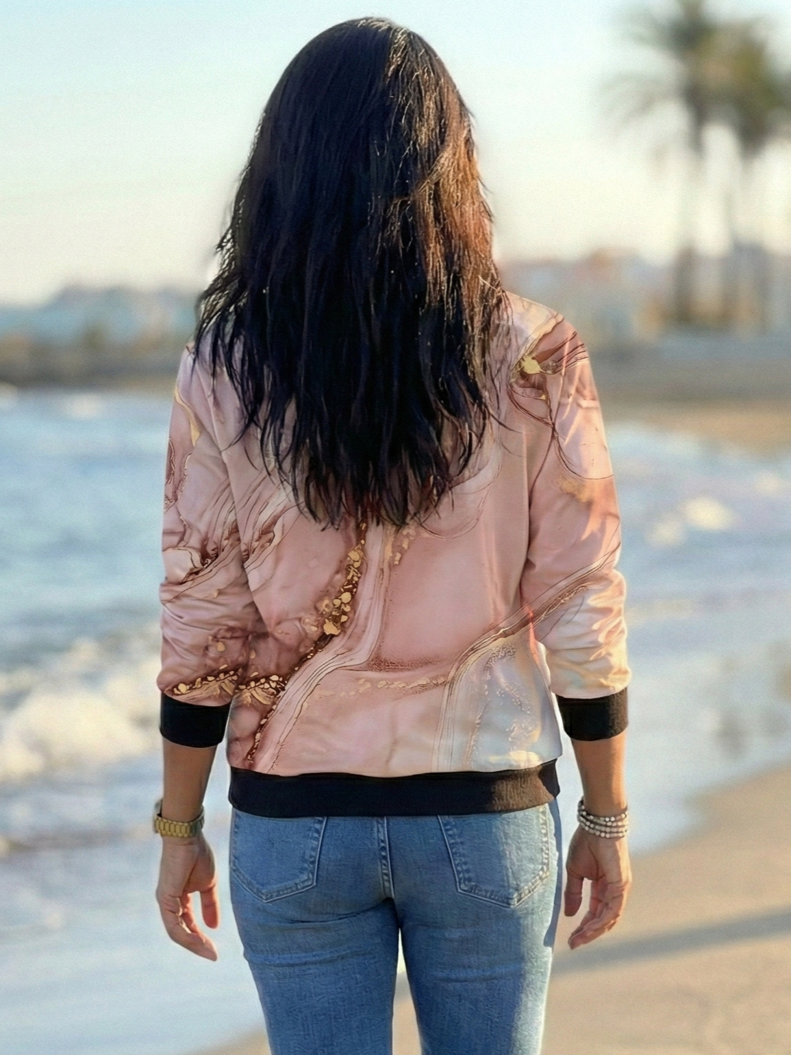 Fashionable Marble Print Pink Sweatshirt