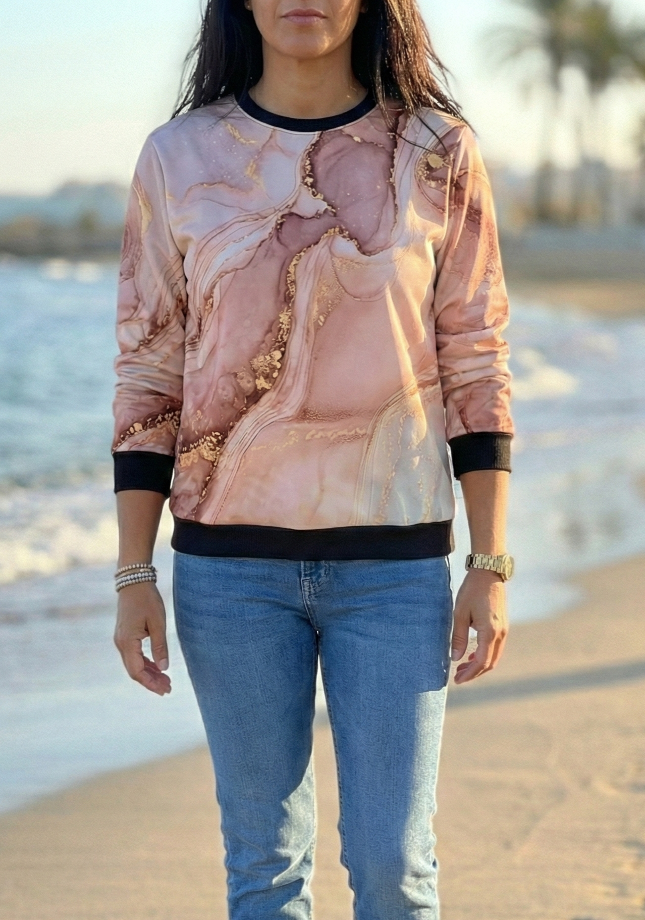 Fashionable Marble Print Pink Sweatshirt