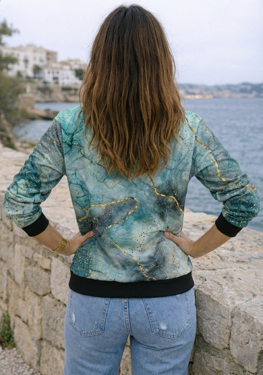 Fashionable Marble Print Sea Blue Sweatshirt
