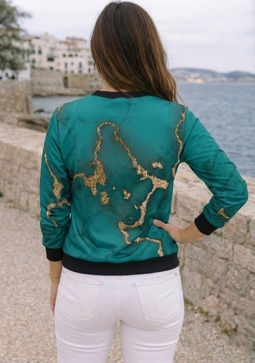 Fashionable Marble Print Sea Green Sweatshirt