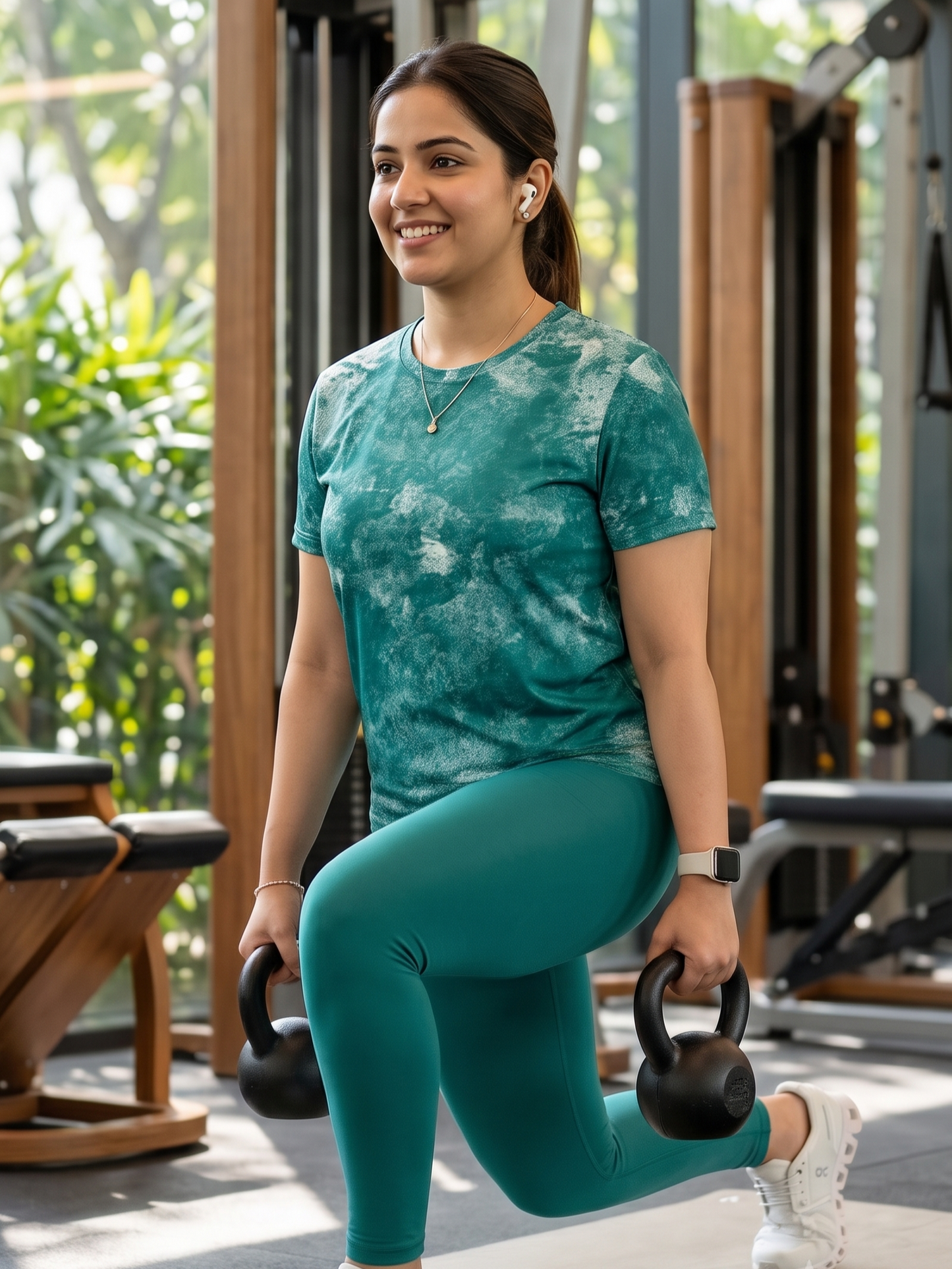 Calm Forest Print | Activewear Coord Set Tshirt With Tummy Tuck Green Leggings | Multi Sport | Odour Free