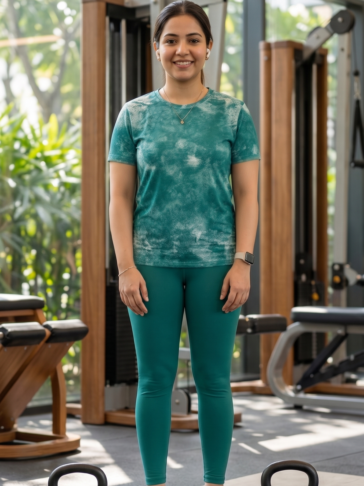 Calm Forest Print | Activewear Coord Set Tshirt With Tummy Tuck Green Leggings | Multi Sport | Odour Free