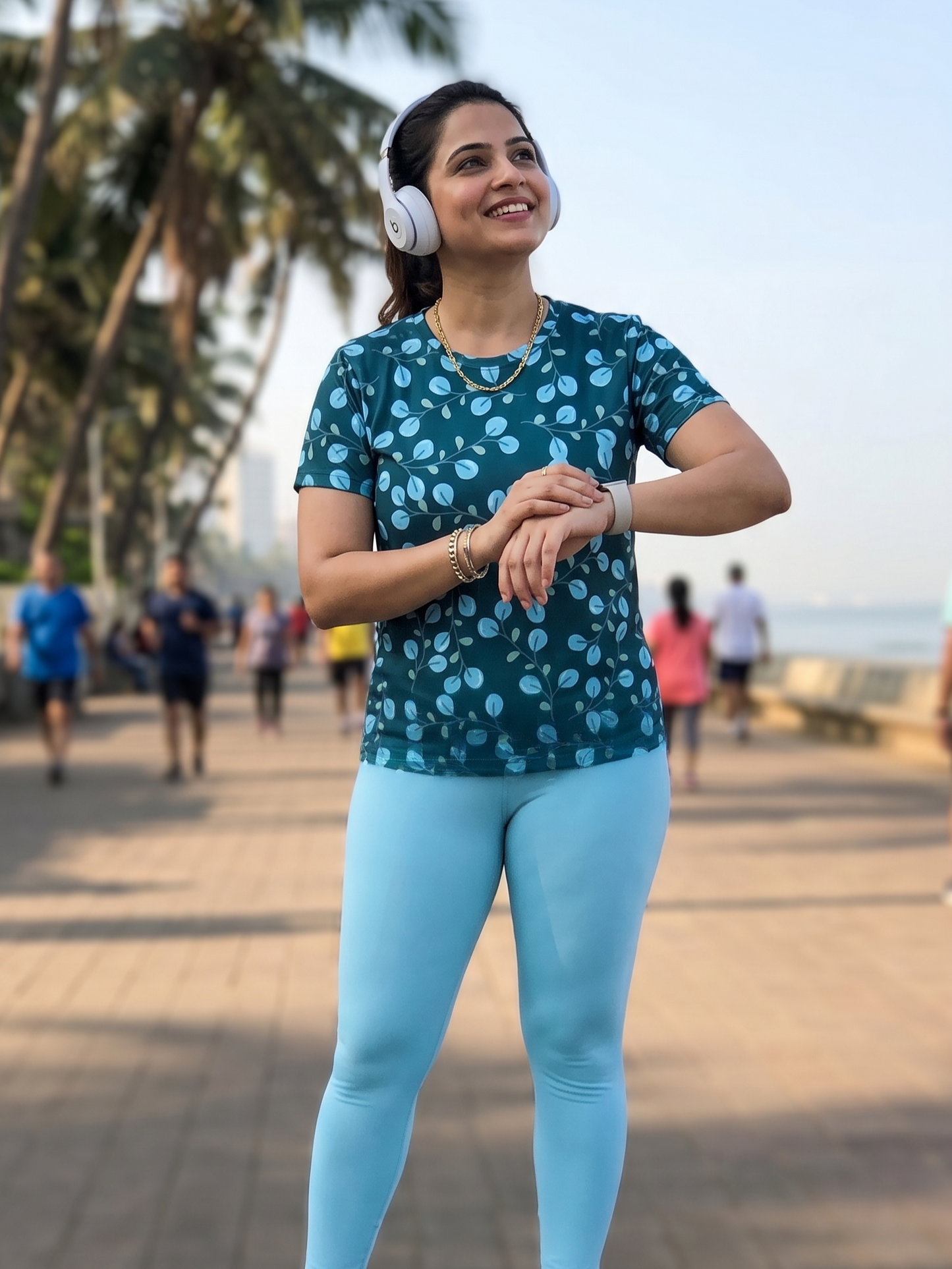 Poised Leaf Print | Activewear Coord Set Tshirt With Tummy Tuck Blue Leggings | Multi Sport | Odour Free
