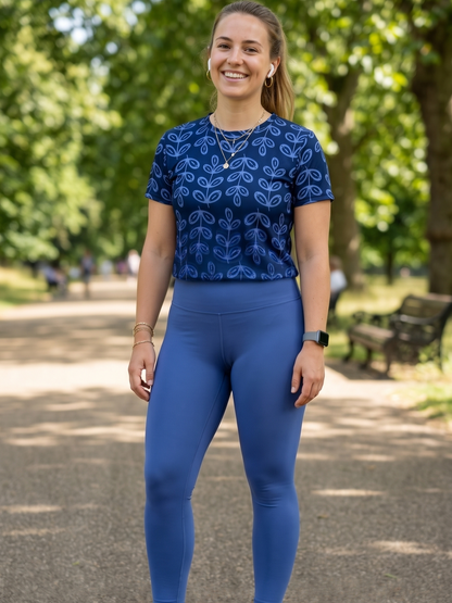 Cool Leaf Print | Activewear Coord Set Tshirt With Tummy Tuck Blue Leggings | Multi Sport | Odour Free