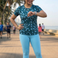 Poised Leaf Print | Activewear Coord Set Tshirt With Tummy Tuck Blue Leggings | Multi Sport | Odour Free