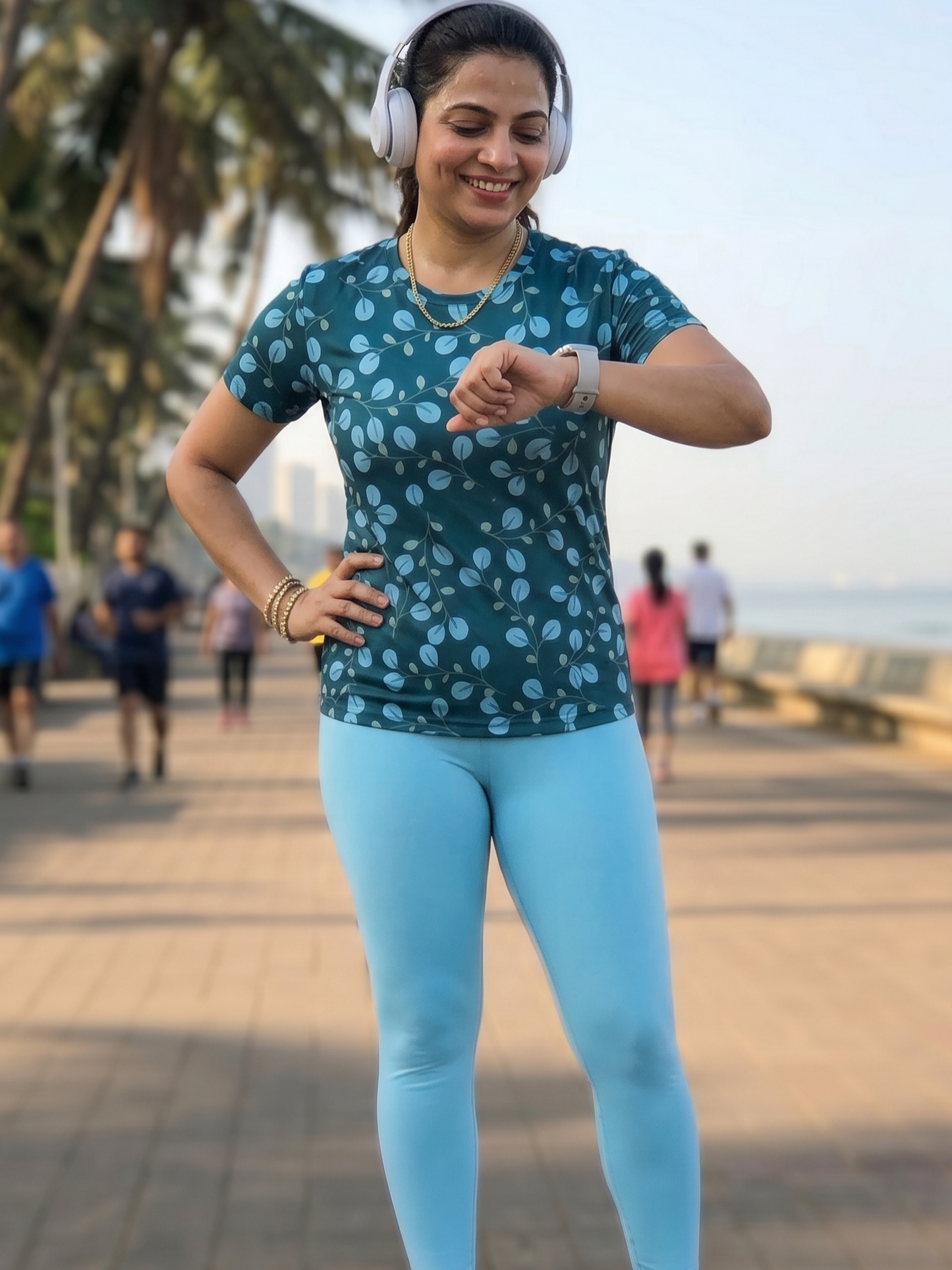 Poised Leaf Print | Activewear Coord Set Tshirt With Tummy Tuck Blue Leggings | Multi Sport | Odour Free