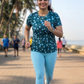Poised Leaf Print | Activewear Coord Set Tshirt With Tummy Tuck Blue Leggings | Multi Sport | Odour Free
