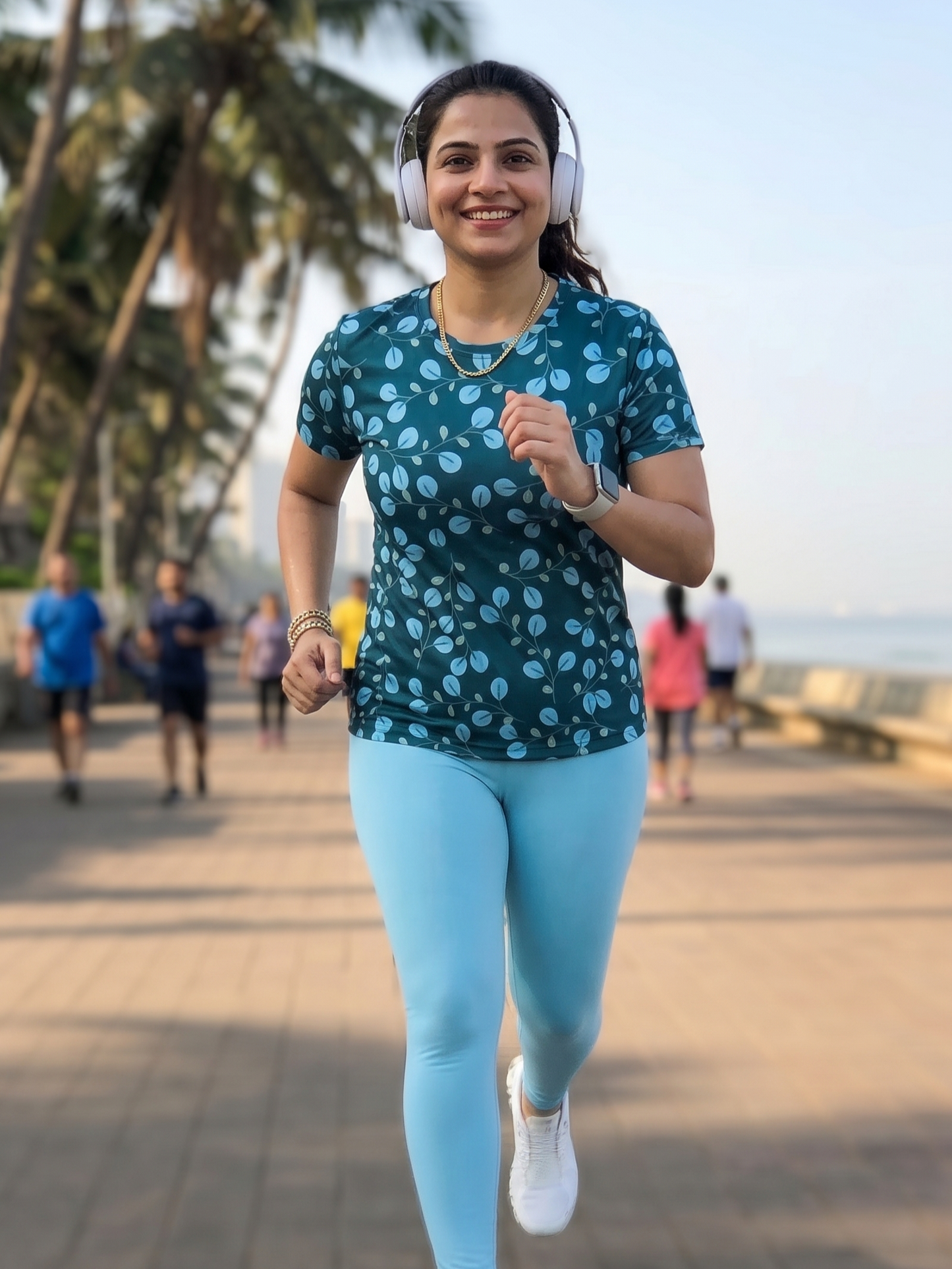 Poised Leaf Print | Activewear Coord Set Tshirt With Tummy Tuck Blue Leggings | Multi Sport | Odour Free