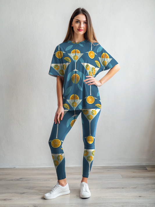 Vacay Wear Lemon Martini Print Premium Oversized Tee With Blue Leggings Set