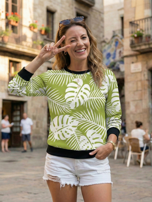 Fresh Summer Leaf Print Green Sweatshirt