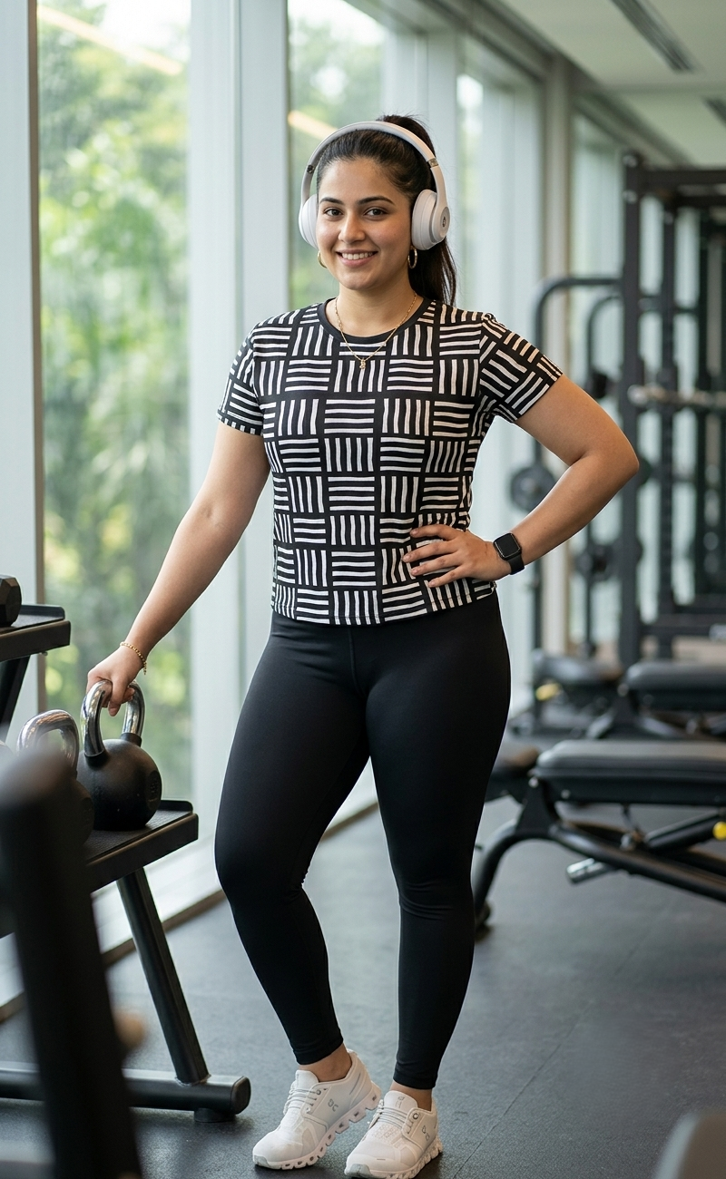 Sophisticated Geometric Print | Activewear Coord Set Tshirt With Tummy Tuck Black Leggings | Multi Sport | Odour Free