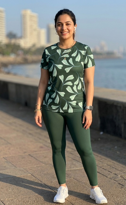 Classy Leaf Print | Activewear Coord Set Tshirt With Tummy Tuck Green Leggings | Multi Sport | Odour Free