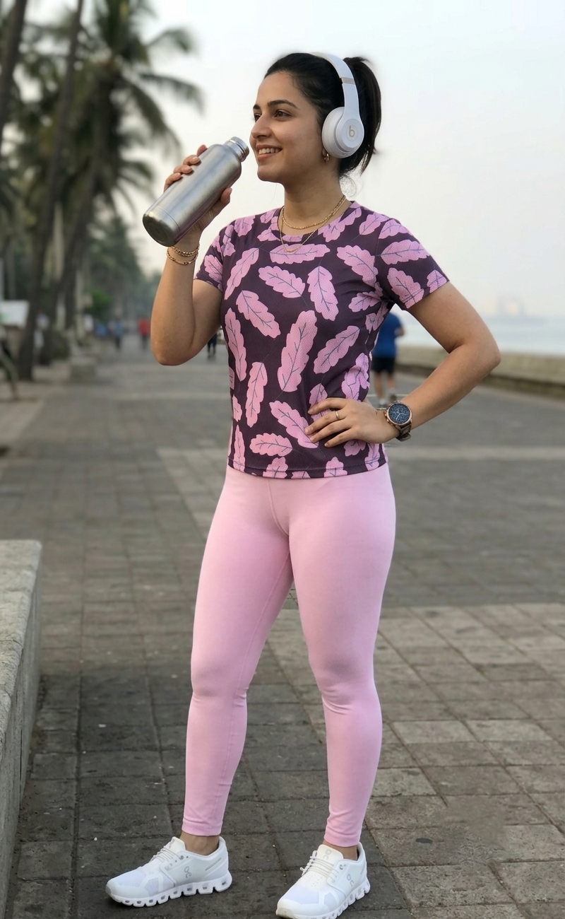 Sweet Leaf Print | Activewear Coord Set Tshirt With Tummy Tuck Pink Leggings | Multi Sport | Odour Free