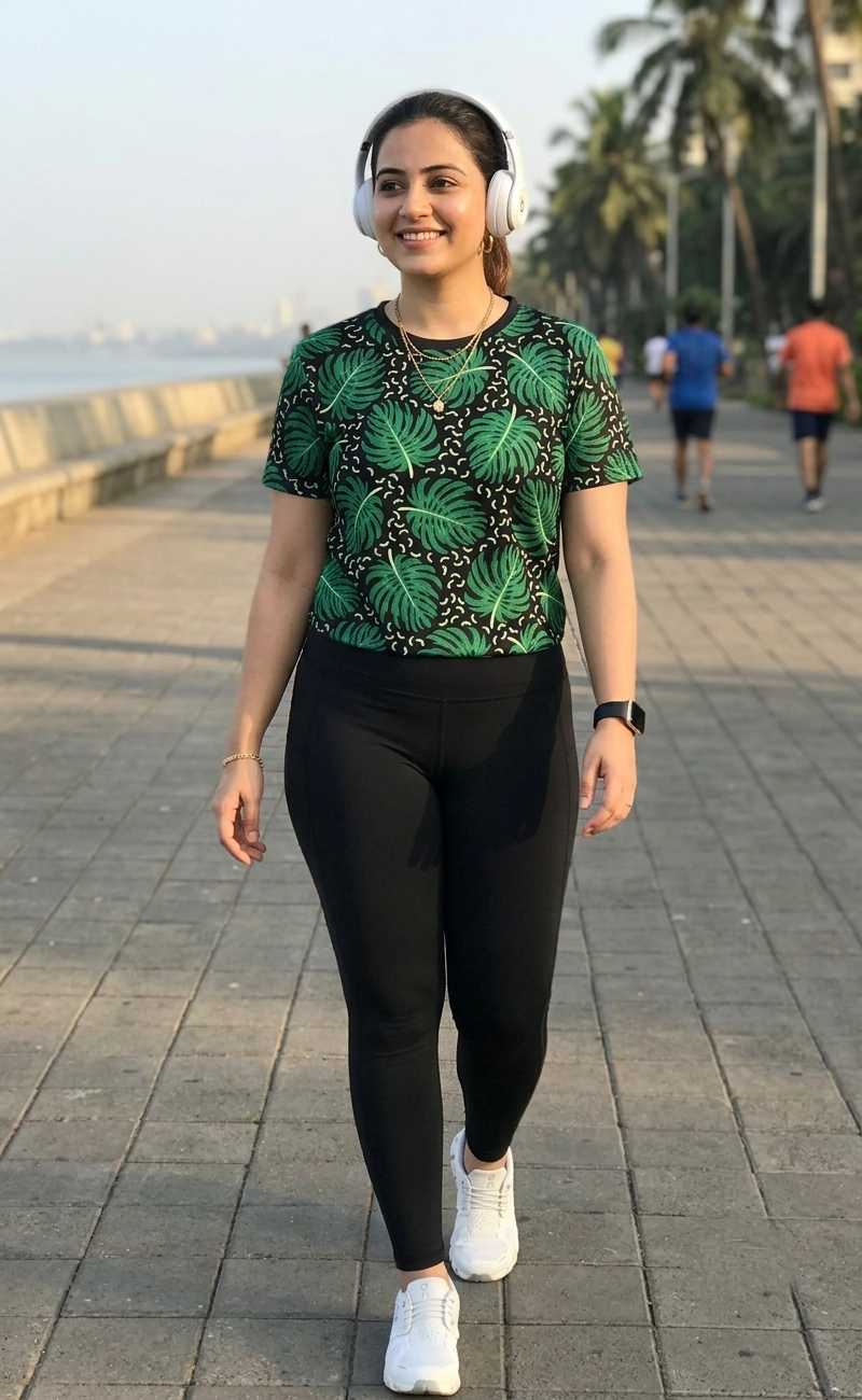 Nature Inspired Leaf Print | Activewear Coord Set Tshirt With Tummy Tuck Black Leggings | Multi Sport | Odour Free