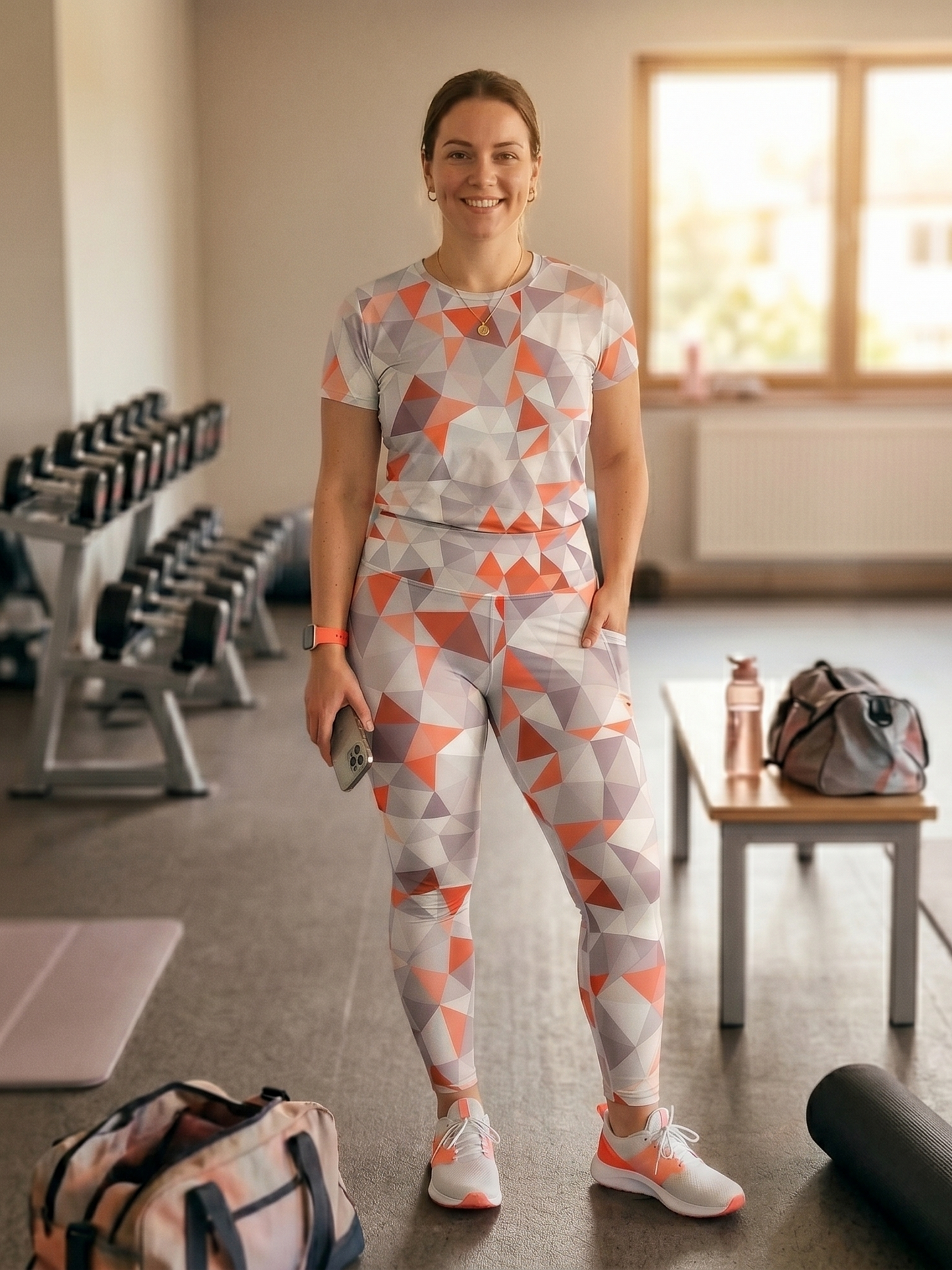 Must Have Geometric Print | Activewear Coord Set Tshirt With Tummy Tuck Leggings | Multi Sport | Odour Free