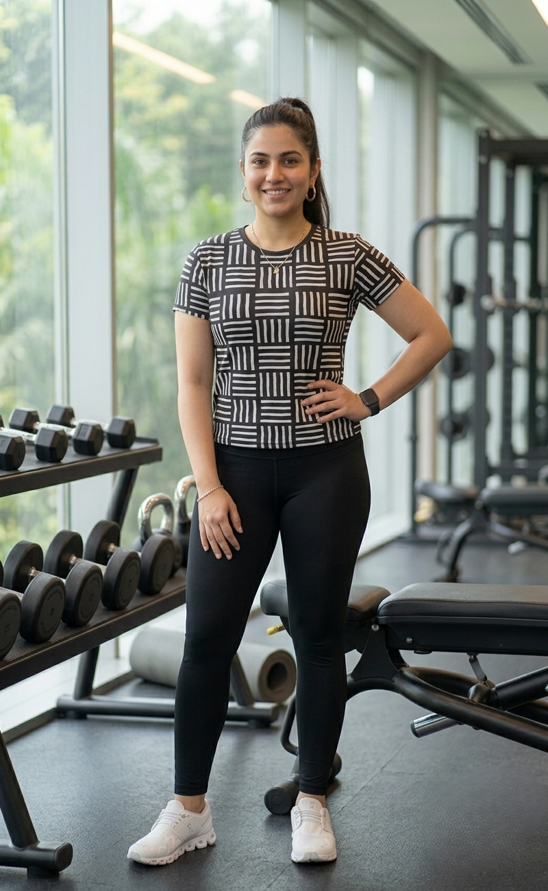 Sophisticated Geometric Print | Activewear Coord Set Tshirt With Tummy Tuck Black Leggings | Multi Sport | Odour Free