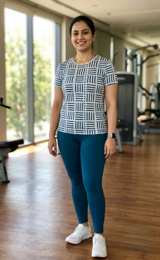 Sophisticated Geometric Print | Activewear Coord Set Tshirt With Tummy Tuck Green Leggings | Multi Sport | Odour Free