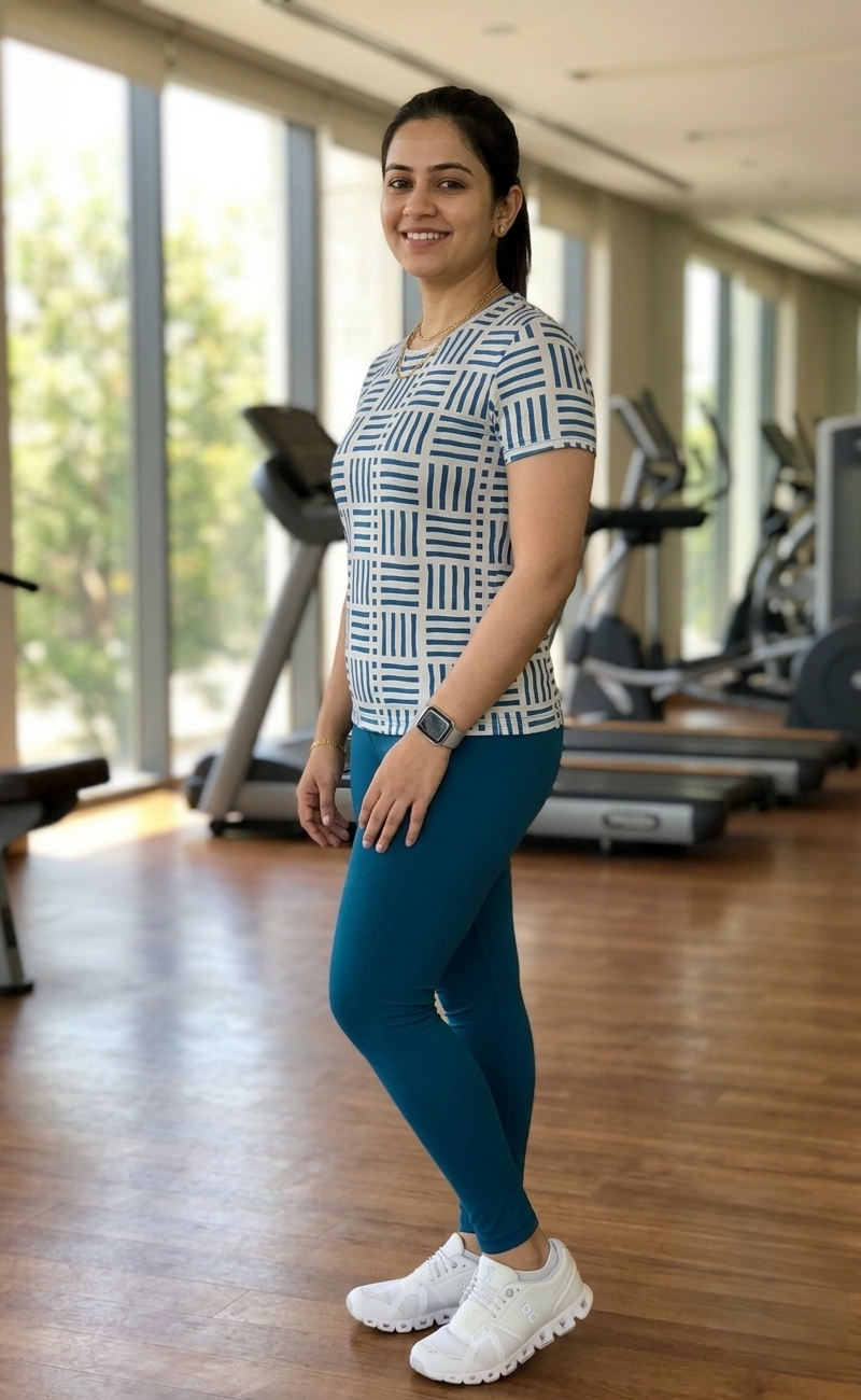 Sophisticated Geometric Print | Activewear Coord Set Tshirt With Tummy Tuck Green Leggings | Multi Sport | Odour Free