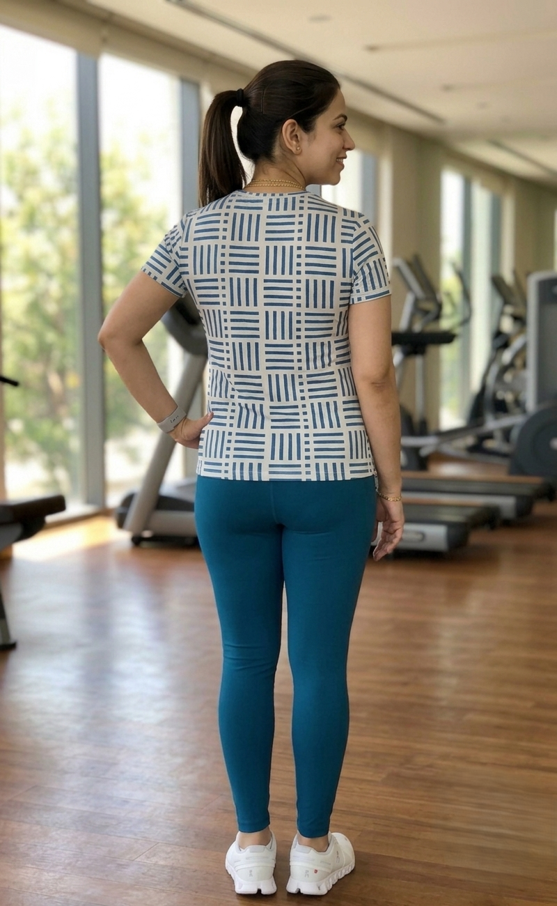 Sophisticated Geometric Print | Activewear Coord Set Tshirt With Tummy Tuck Green Leggings | Multi Sport | Odour Free