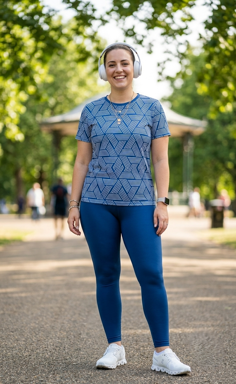 Sophisticated Geometric Triangular Print | Activewear Coord Set Tshirt With Tummy Tuck Blue Leggings | Multi Sport | Odour Free