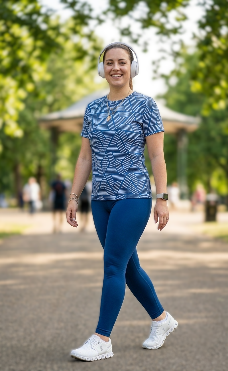 Sophisticated Geometric Triangular Print | Activewear Coord Set Tshirt With Tummy Tuck Blue Leggings | Multi Sport | Odour Free