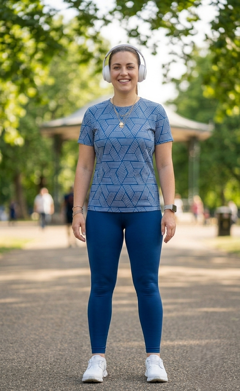 Sophisticated Geometric Triangular Print | Activewear Coord Set Tshirt With Tummy Tuck Blue Leggings | Multi Sport | Odour Free