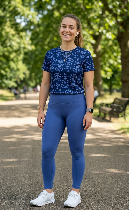 Cool Leaf Print | Activewear Coord Set Tshirt With Tummy Tuck Blue Leggings | Multi Sport | Odour Free
