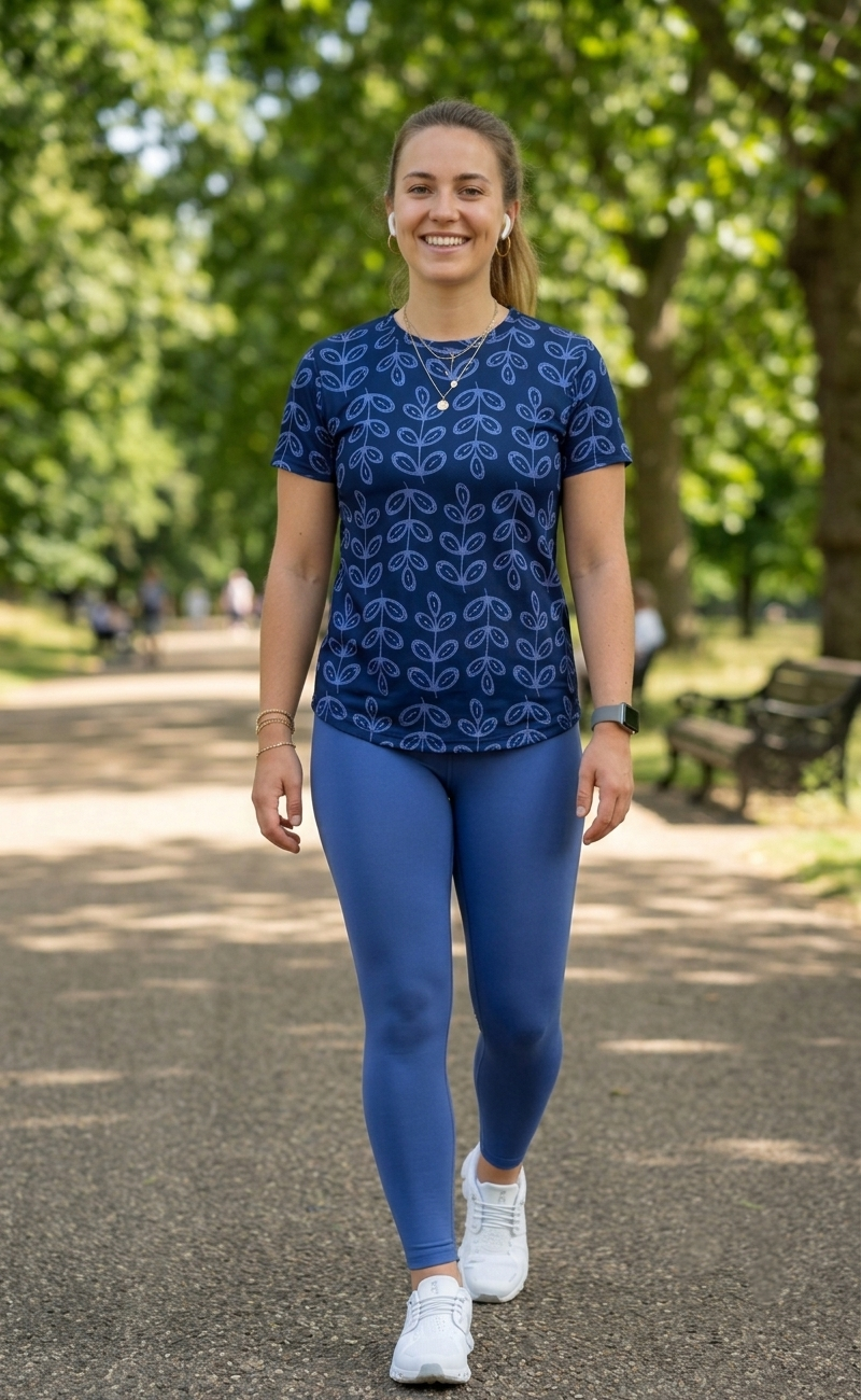 Cool Leaf Print | Activewear Coord Set Tshirt With Tummy Tuck Blue Leggings | Multi Sport | Odour Free
