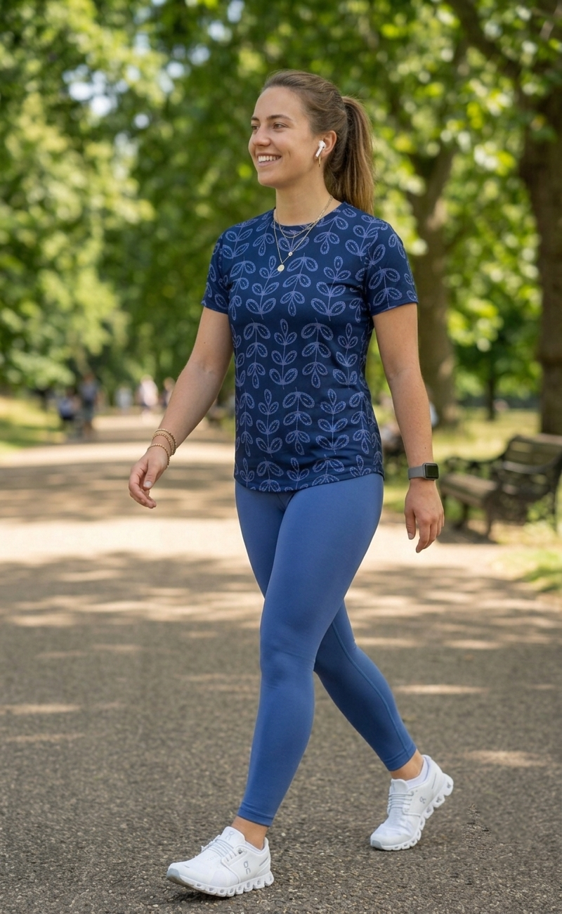 Cool Leaf Print | Activewear Coord Set Tshirt With Tummy Tuck Blue Leggings | Multi Sport | Odour Free