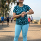 Poised Leaf Print | Activewear Coord Set Tshirt With Tummy Tuck Blue Leggings | Multi Sport | Odour Free