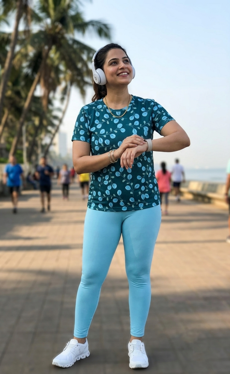 Poised Leaf Print | Activewear Coord Set Tshirt With Tummy Tuck Blue Leggings | Multi Sport | Odour Free