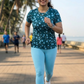 Poised Leaf Print | Activewear Coord Set Tshirt With Tummy Tuck Blue Leggings | Multi Sport | Odour Free