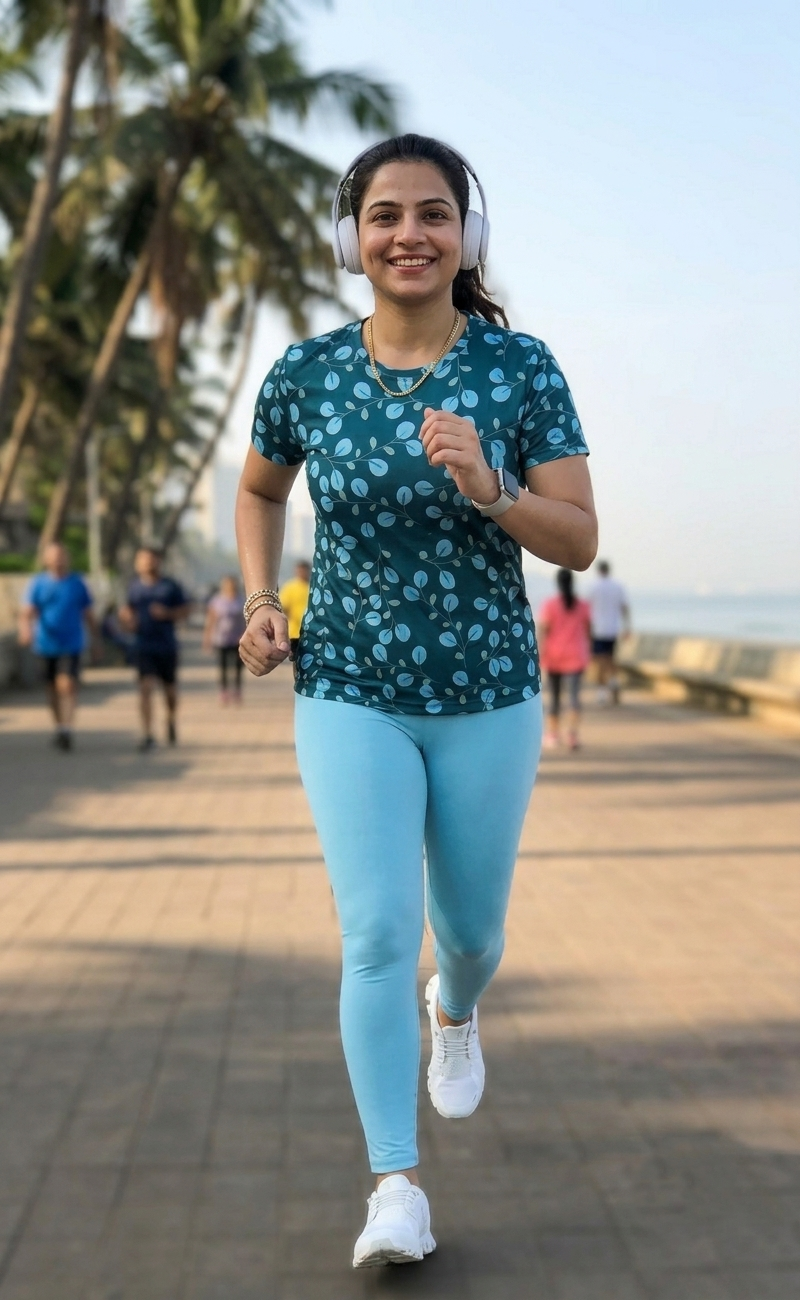 Poised Leaf Print | Activewear Coord Set Tshirt With Tummy Tuck Blue Leggings | Multi Sport | Odour Free