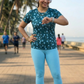 Poised Leaf Print | Activewear Coord Set Tshirt With Tummy Tuck Blue Leggings | Multi Sport | Odour Free