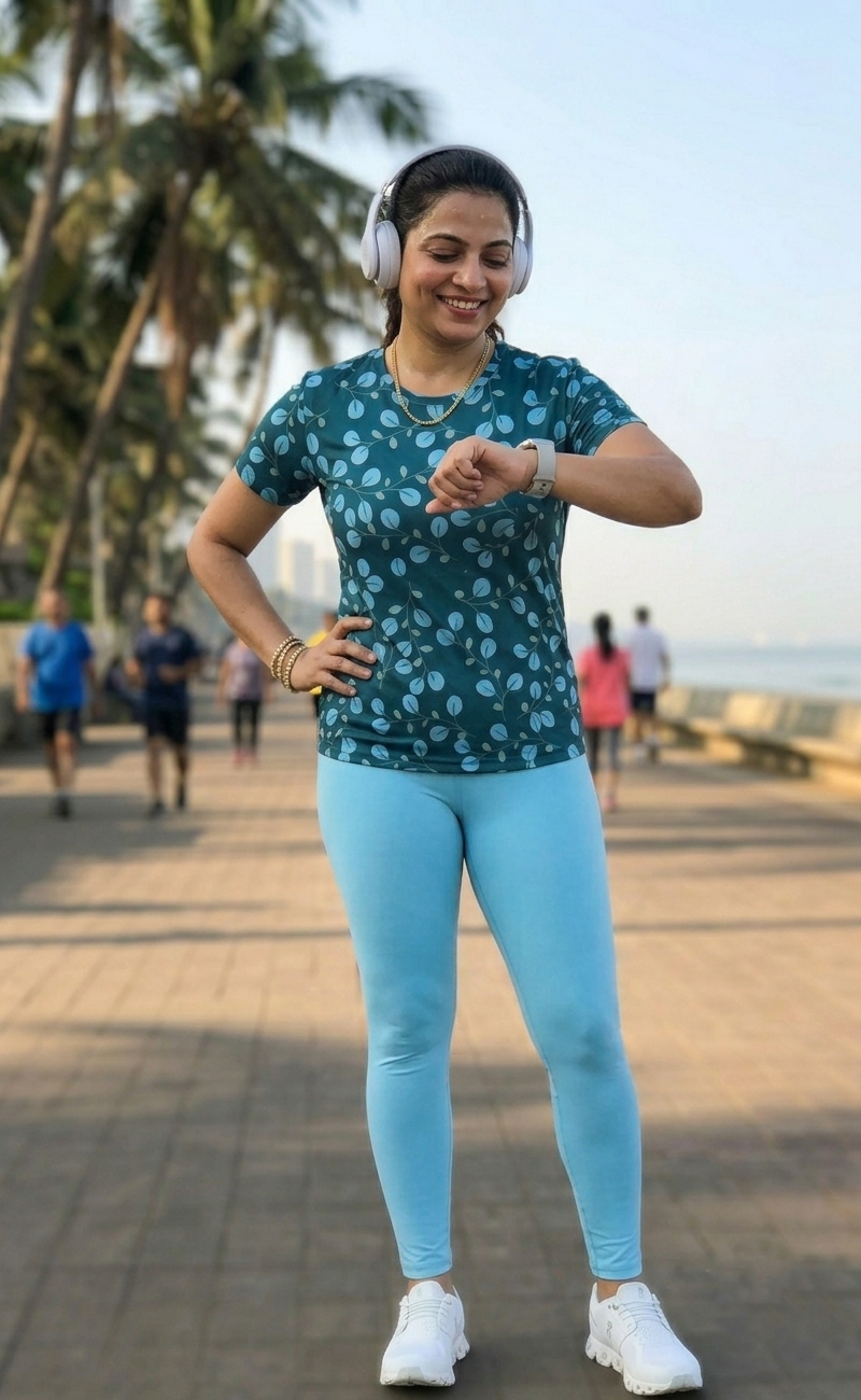 Poised Leaf Print | Activewear Coord Set Tshirt With Tummy Tuck Blue Leggings | Multi Sport | Odour Free