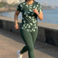 Classy Leaf Print | Activewear Coord Set Tshirt With Tummy Tuck Green Leggings | Multi Sport | Odour Free