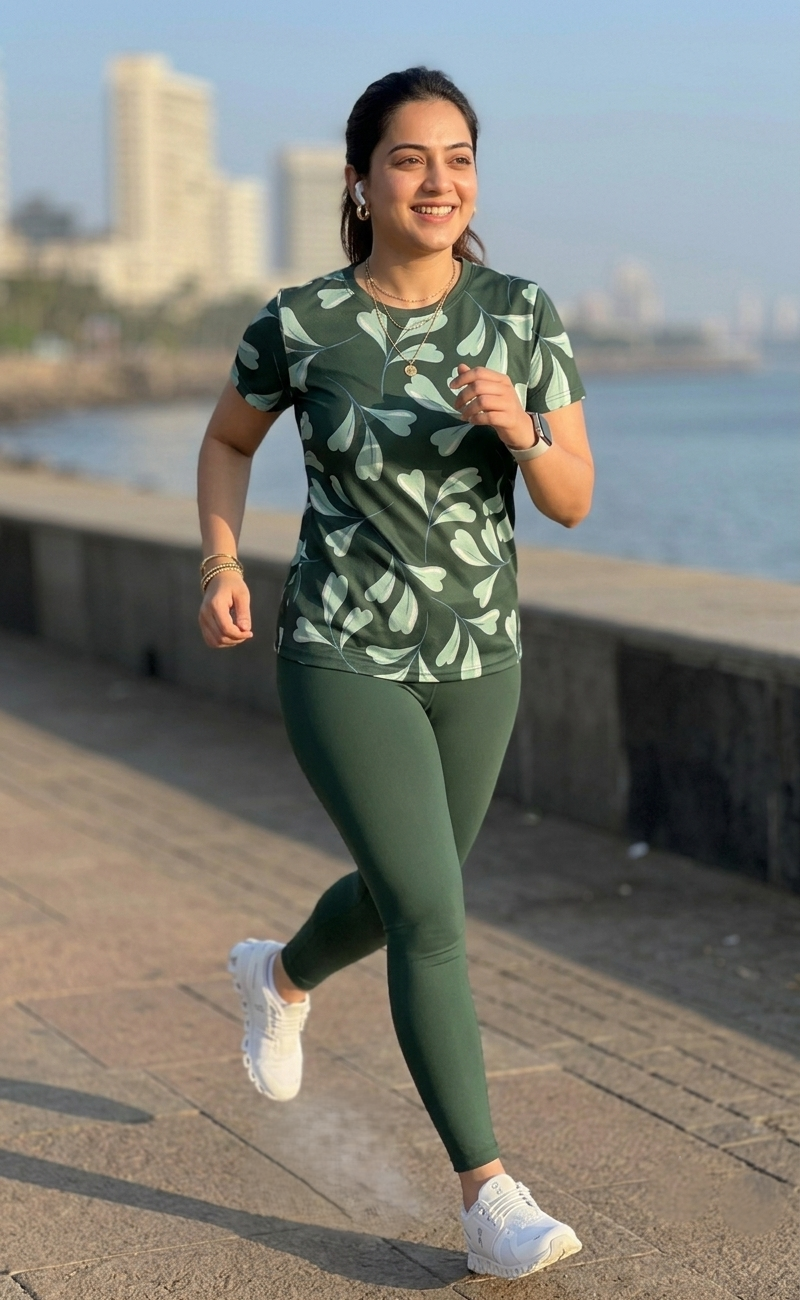 Classy Leaf Print | Activewear Coord Set Tshirt With Tummy Tuck Green Leggings | Multi Sport | Odour Free