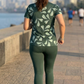 Classy Leaf Print | Activewear Coord Set Tshirt With Tummy Tuck Green Leggings | Multi Sport | Odour Free